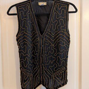 Your Destiny Black Fine Silk Gold Beaded Waistcoat Tie Back Button up Vest Small